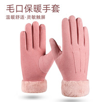 Winter adult gloves womens suede warm plus velvet thickened velvet anti-cold skiing and cycling thermal insulation touch screen gloves