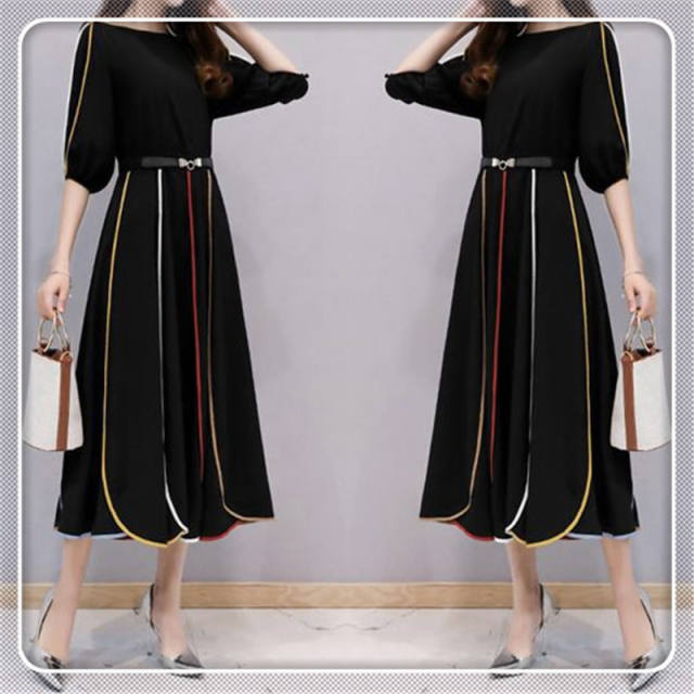 2022 summer Korean version fat mm slimming black chiffon age-reducing plus size women's mid-length dress for fat sister