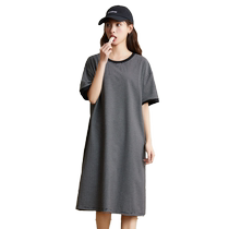 Catman nightgown womens pajamas summer pure cotton short-sleeved long skirt home wear summer large size striped casual can be worn outside