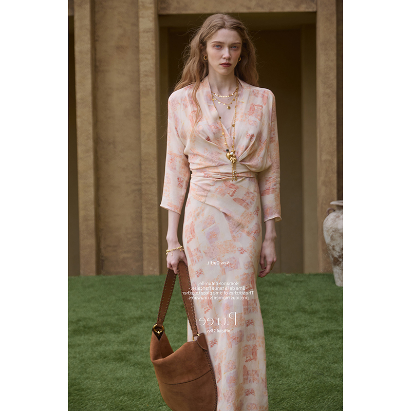2026 New High-End Summer Peach Mist Poetry-Inspired 100% Viscose High-Density Rayon Wrap Dress for Women