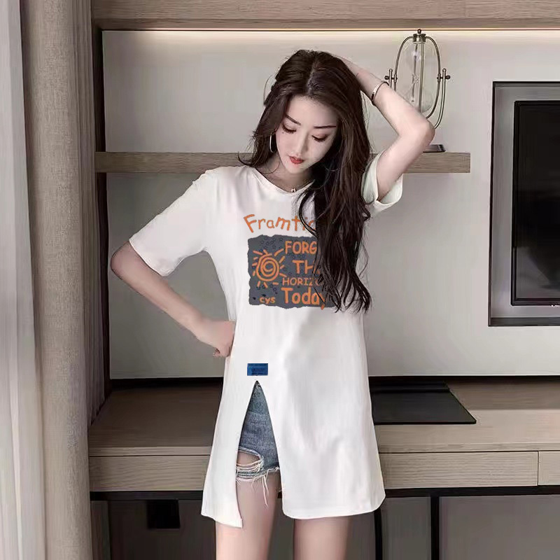 Round Neck Short-Sleeved Mid-Length Pure Cotton T-Shirt for Women, Summer Oversized Loose Fit, Covers the Hips, Trendy ins Cover-Up Top