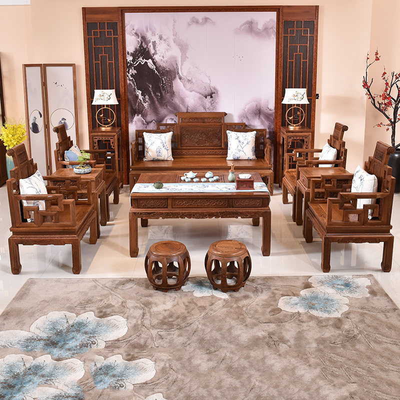Cloud Riding Captain Red Wood Furniture Living Room Full Sofa Solid Wood Sofa Chair Chicken Wings Wood Chinese Style Sofa twelve pieces