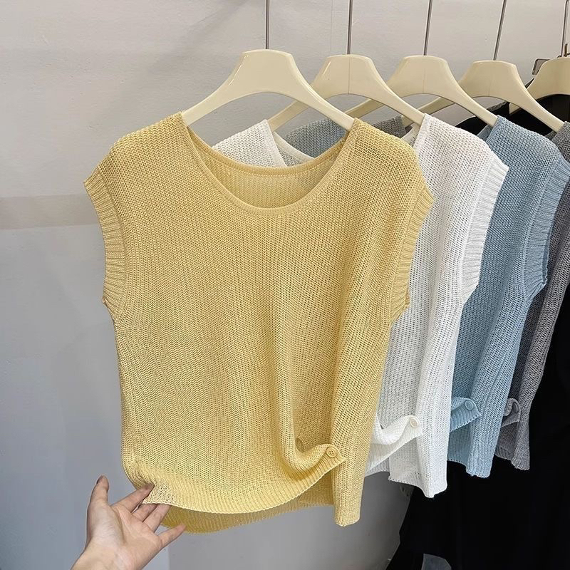 Korean Style Knitted Blue Sleeveless Summer 2025 New Round Neck Vest Trendy Top Korean Style Knitted Blue Sleeveless Summer 2025 New Round Neck Vest Trendy Top