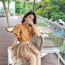 The puffs of the little deer eat a mouthed orange embroidered lace hollow all-cotton jacquard shirt