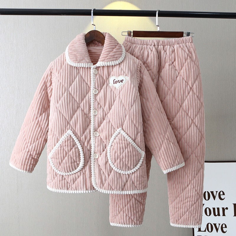 Pajamas ladies winter coral fleece three-layer thickening and velvet warm quilted flannel autumn and winter new home clothes