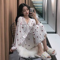 Spring and autumn pajamas ladies summer ice silk thin silk cute sweet large size loose home clothes two-piece suit summer
