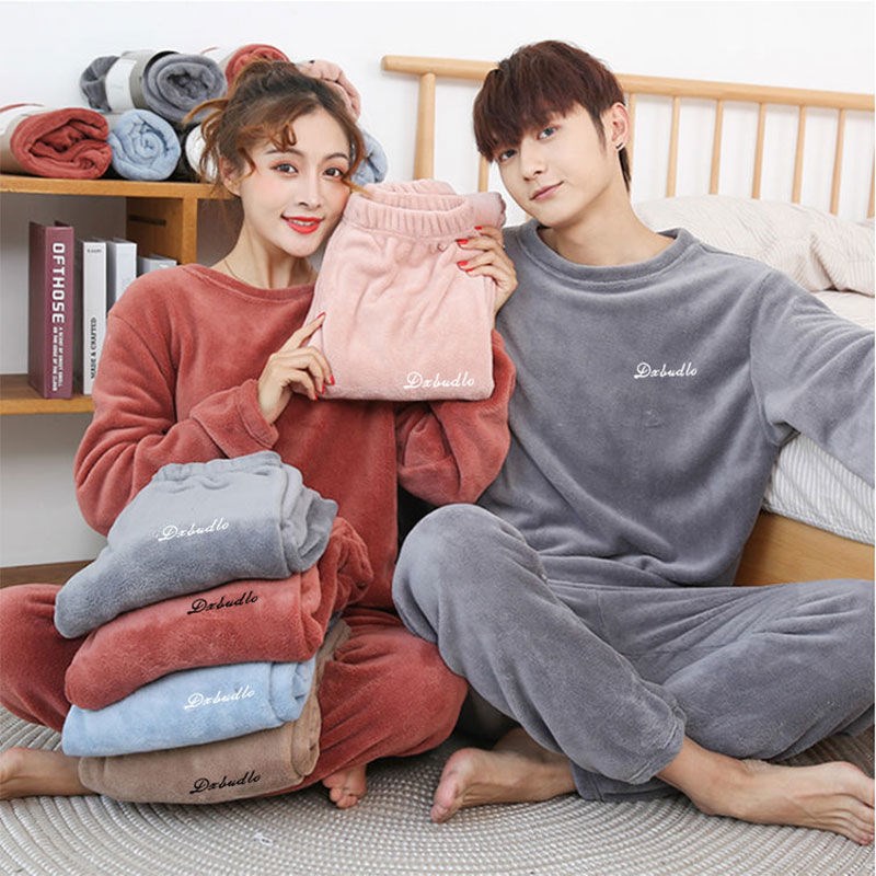 Autumn and winter plus velvet thick coral fleece pajamas women winter warm loose home clothes suit student couple plus size