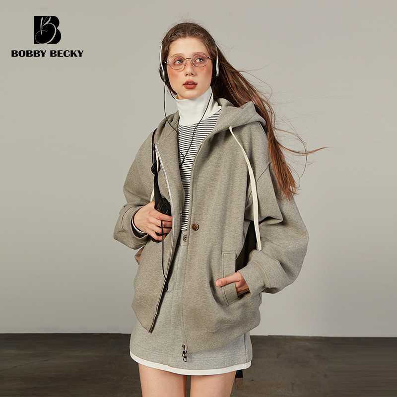 Bobbybecky American Retro Casual Hooded Thick Sweatshirt Loose Gray Zip-Up Cardigan Fleece-Lined Top Two-Way Wear Bobbybecky American Retro Casual Hooded Thick Sweatshirt Loose Gray Zip-Up Cardigan Fleece-Lined Top Two-Way Wear