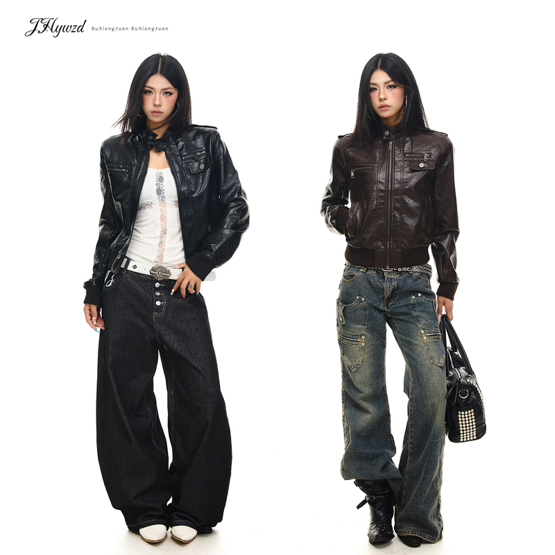 Jhywzd Silent Roll Vintage Stand Collar Pu Motorcycle Leather Jacket for Women, Short Slim Fit Cool Streetwear Coat Jhywzd Silent Roll Vintage Stand Collar Pu Motorcycle Leather Jacket for Women, Short Slim Fit Cool Streetwear Coat