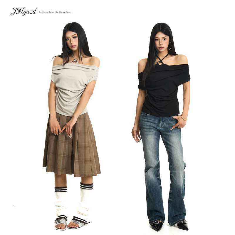 Jhywzd No-Noise Roll Halter Neck Fake Two-Piece Off-Shoulder T-Shirt for Women, Summer Elegant Waist-Cinching High-End Off-Shoulder Top Jhywzd No-Noise Roll Halter Neck Fake Two-Piece Off-Shoulder T-Shirt for Women, Summer Elegant Waist-Cinching High-End Off-Shoulder Top