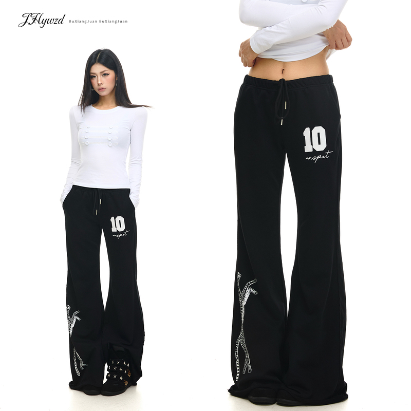 Jhywzd No Noise Roll American Style Hot Girl Flared Sweatpants with Side Leopard Print Drawstring Frayed Hem Floor-Length Sweatpants