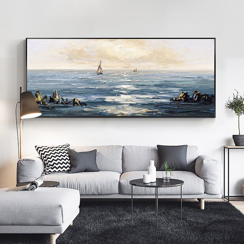 Hand-painted oil painting living room horizontal version hanging painting seascape sunrise decorative painting simple modern sofa background wall mural three-dimensional