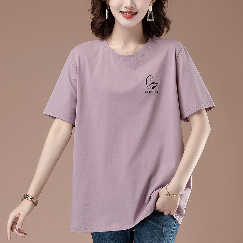 Mom's Pure Cotton Short-Sleeved T-Shirt, Loose Fit, Plus Size, Mid-Length Top, Middle-Aged and Elderly Summer Wear, Women's Cotton Undershirt