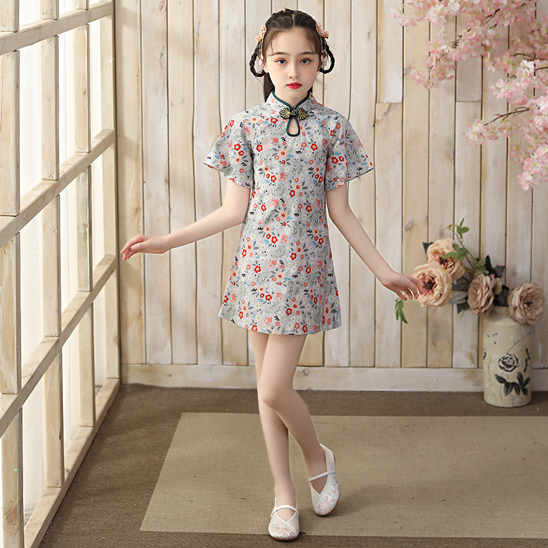 Girls Chinese style thin section improved cheongsam dress children's Western style Chinese high-end Tang suit costumes summer floral