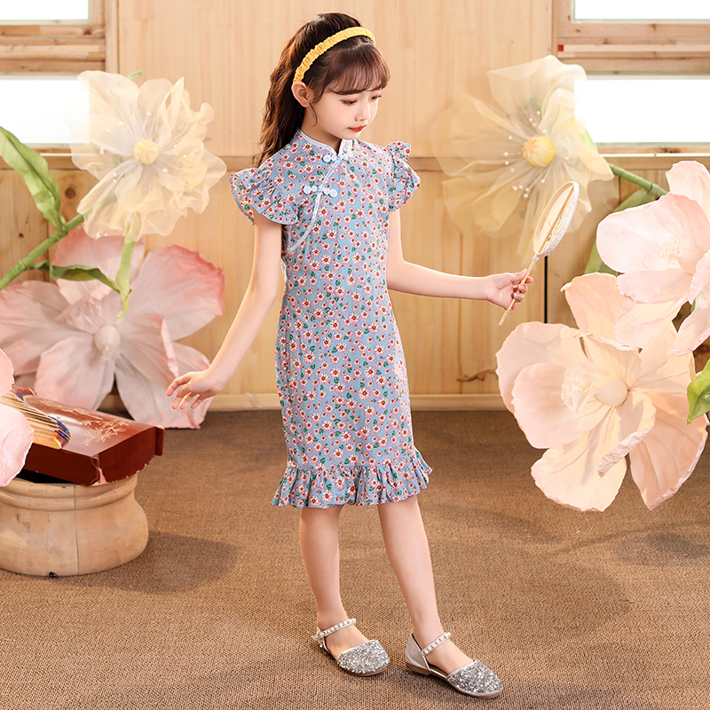 Children's cheongsam skirt 2022 autumn new girls' disc buckle printed cheongsam Chinese style retro Western style dress