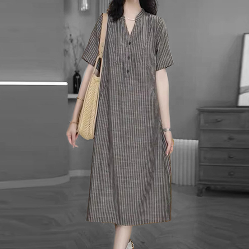 Mapping Hong Kong High-End New Summer Dress Striped Loose Slimming Tummy-Covering Stylish Dress for Women