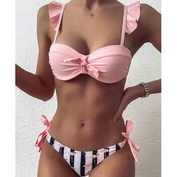 Striped Lace Ruffle Push Up Women Bandeau Swimsuit Female Sw