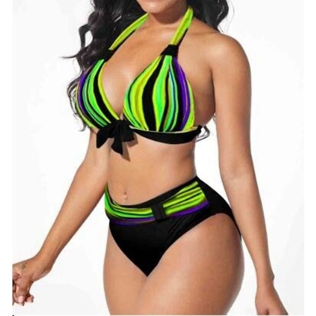 S-5XLPlusSizeNeonStripedBikiniSetPushUpWomenHighW