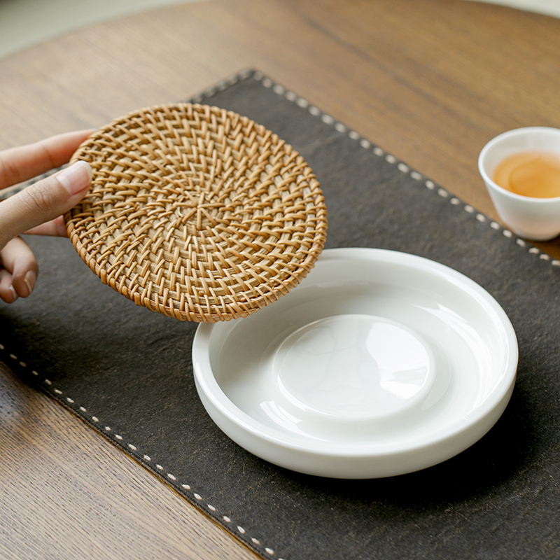 Dehua White Porcelain Tea Pot Holder, Tea Brewing Stand, Loofah Rattan Woven Tea Mat, Teapot Mat, Jade Cover Bowl Pot Holder Tray