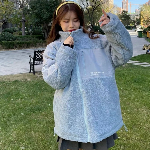oversize羊羔毛绒外套女秋冬加绒加厚新款宽松高领百搭夹克ins潮