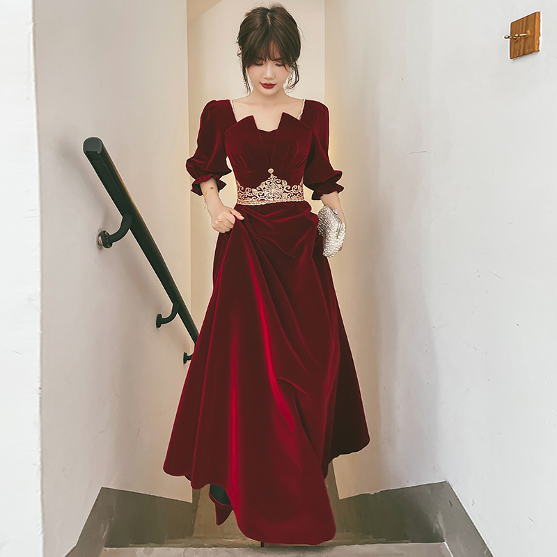 Red burgundy velvet winter evening dress, long sleeve, suitable for teen Red burgundy velvet winter evening dress, long sleeve, suitable for teen