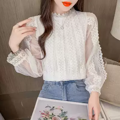 Autumn stand-up collar hollow lace inner shirt Women's 2021 New Tide very fairy top Lantern sleeve shirt