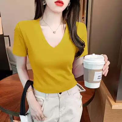 Candy color T-shirt short sleeve female 2021 new summer Korean slim base shirt sexy V neck coat foreign pie tide