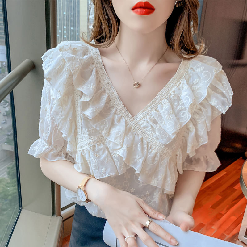 Super fairy embroidery ruffle cross V-neck Chiffon shirt women's 2021 summer new loose fashion half sleeve top