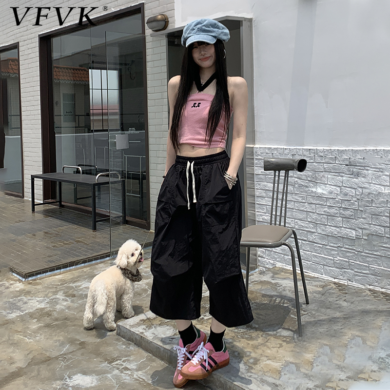 Vfvk Black Cargo Pants for Women 2026 New Summer Elastic Waist Casual Loose Wide-Leg Quick-Drying Cropped Pants Mid-Length Pants