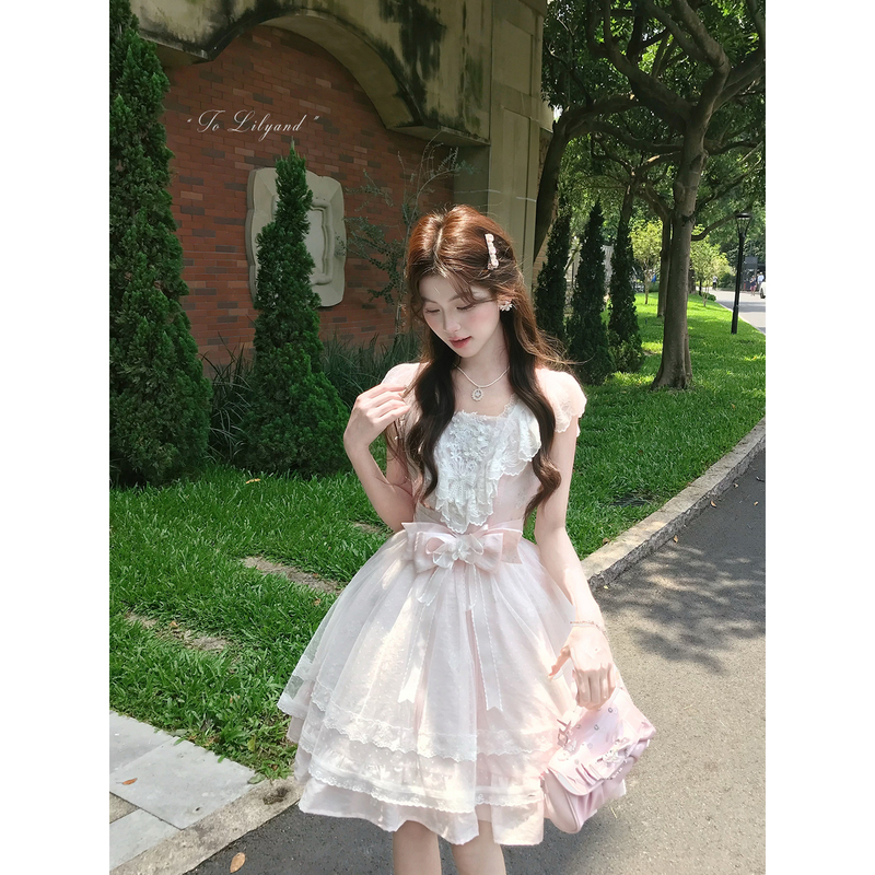 Tolilyand Lilyan's Vow Bouquet Romantic Lace Ruffle Dress Pink Sweet Short Skirt for Women Tolilyand Lilyan's Vow Bouquet Romantic Lace Ruffle Dress Pink Sweet Short Skirt for Women
