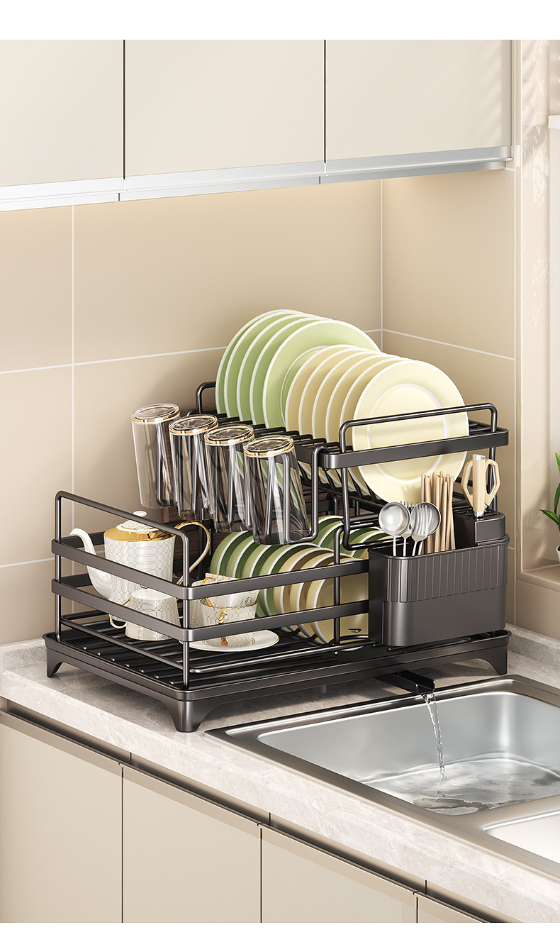 Сушилка 厨房台面置物架多功能碗盘带接水盘碗碟收纳层架筷子筒放锅盖沥水架