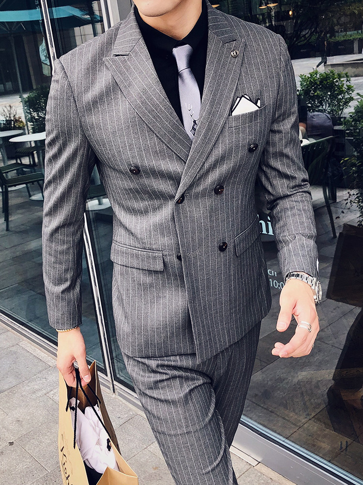 Double-breasted suit men's suit business formal wear casual groom wedding dress men's suit Korean style trendy slim