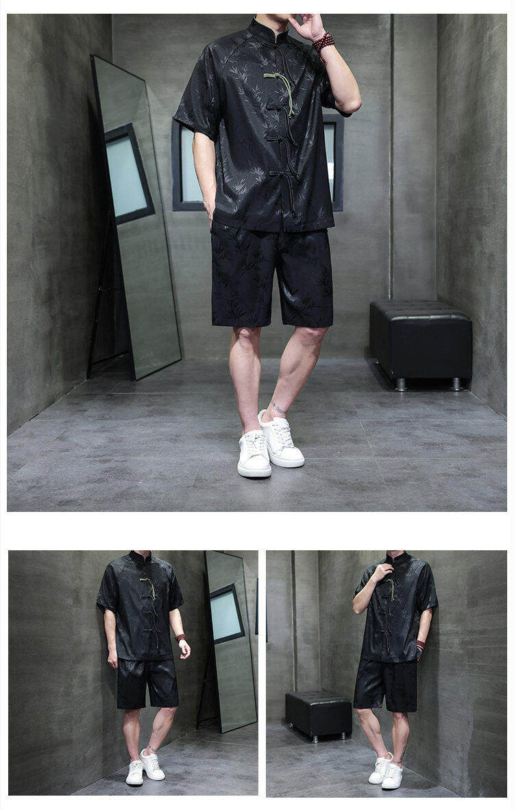 Джинсовая рубашка 夏季男士薄款透气冰丝套装中国风复古盘扣立领衬衫宽松大码两件套