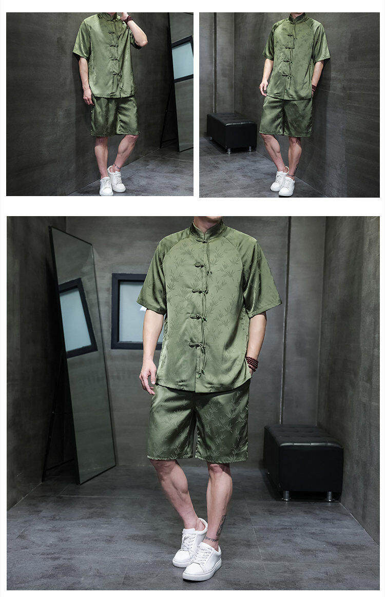 Джинсовая рубашка 夏季男士薄款透气冰丝套装中国风复古盘扣立领衬衫宽松大码两件套