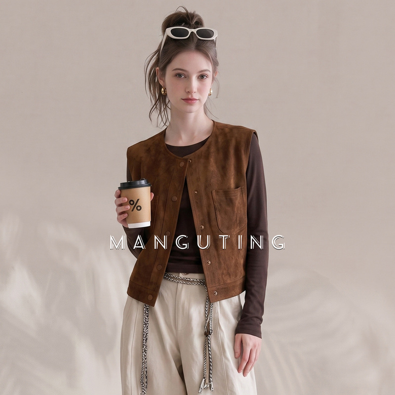 Mangu Town Retro Suede Round-Neck Short Vest for Women 2026 Autumn Design Slim-Fit Workwear Sleeveless Jacket
