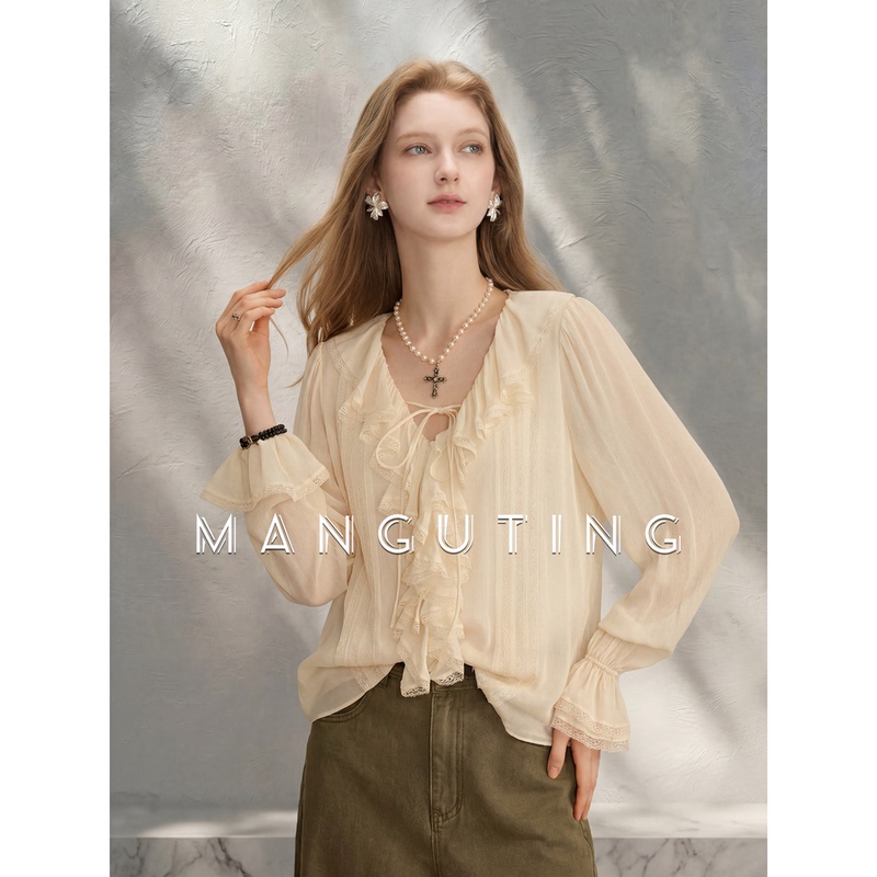 Manguting French Palace Style Elegant Retro Ruffled Lace Shirt 2026 Women's Autumn Fashion Elegant Top