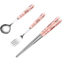Pink ceramic stainless steel fork daily high-end fork portable cartoon girl chopsticks set spoon meal heart cute