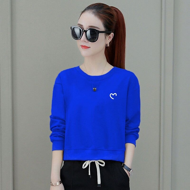 Long-Sleeved Autumn New Style Loose-Fitting Korean-Style High-Waisted Short Blue Sweatshirt for Women, Slimming and Stylish Outerwear for Petite Women