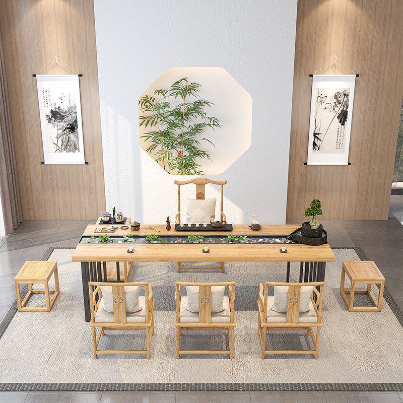 New Chinese-style log flowing water Zen tea table and chair combination solid wood tea table modern minimalist office kung fu coffee table