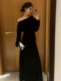Черный лонгслив, осеннее платье, приталенный дизайнерский корсет, длинная юбка, французский стиль, осенний, 2025 года, тренд сезона, яркий броский стиль