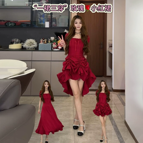 Летний красный дизайнерский корсет, длинная юбка, квадратный вырез, короткий рукав, тренд сезона