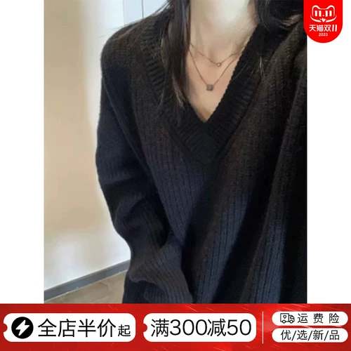 Черный демисезонный ретро трикотажный свитер, V-образный вырез, коллекция 2023, оверсайз