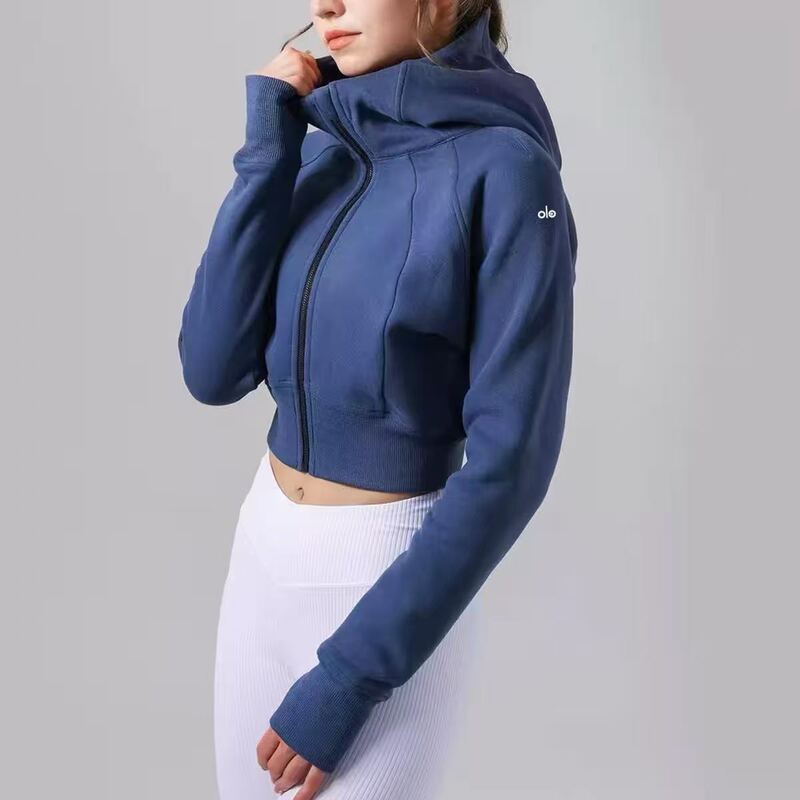 Sports Hooded Zipper Sweatshirt for Women, Slim Fit, Short Cardigan, Blue Casual Jacket