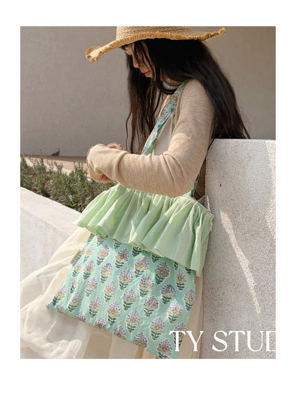Ty Original Fresh Green Indian Embossed Pleated Lace Vacation Style Women's Shoulder Bag Spring Floral Bag Ty Original Fresh Green Indian Embossed Pleated Lace Vacation Style Women's Shoulder Bag Spring Floral Bag