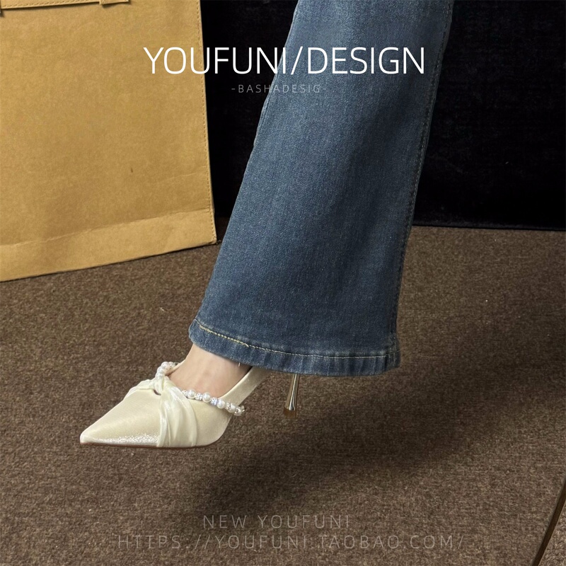 Sheepskin~French-Style Pearl Chain Satin Daily Wearable Bridal Wedding Shoes for Women, Stunning Dress Shoes with Thin High Heels