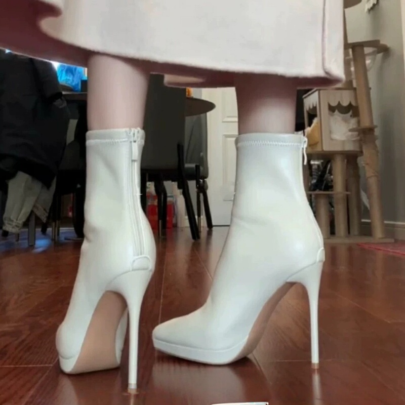 Off-White Pointed Toe Stiletto Platform High Heel Short Boots for Women 2026 Autumn and Winter New Style Sexy Versatile Elastic Slim Boots Off-White Pointed Toe Stiletto Platform High Heel Short Boots for Women 2026 Autumn and Winter New Style Sexy Versatile Elastic Slim Boots