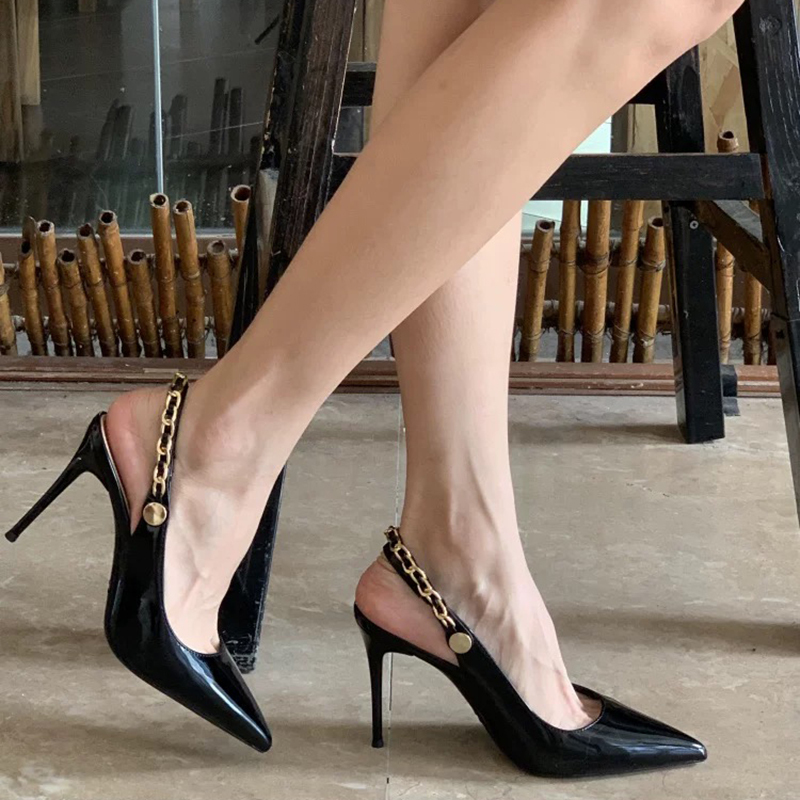2026 New Patent Leather Chain Sexy Black Pointed Toe Stiletto Elegant French High-Heeled Shoes Women's Closed-Toe Sandals