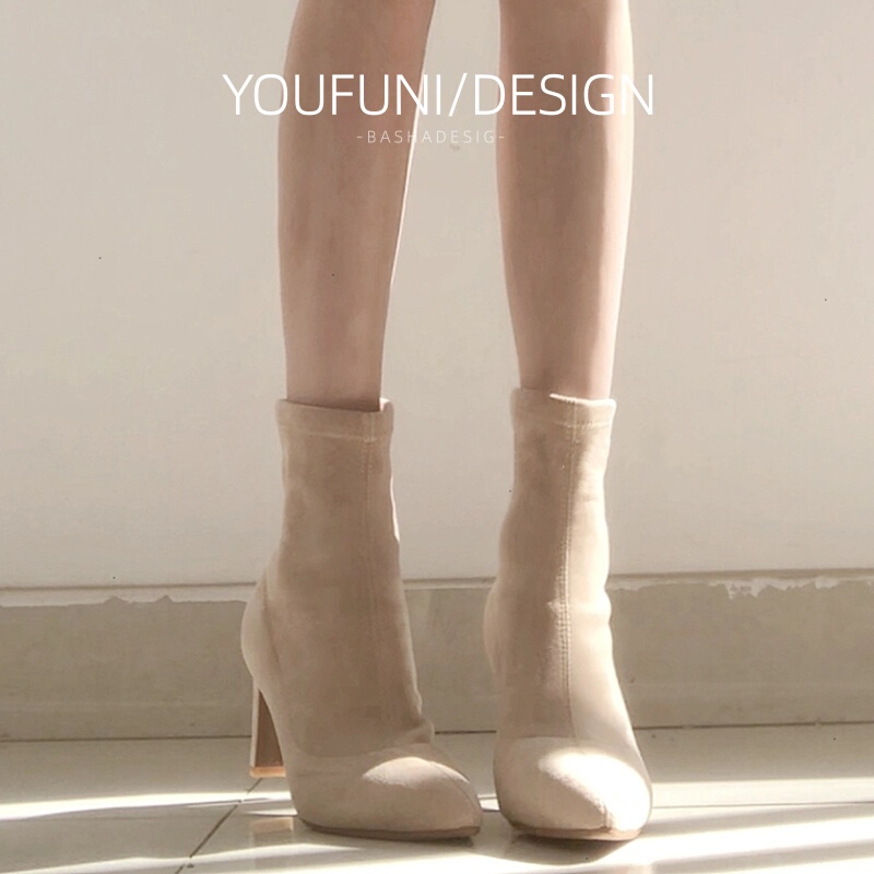 Slim Boots for Women, High-Heeled Short Boots, Nude Color, Autumn and Winter Single Boots, Pointed Toe Sock Boots, Chunky Heel Shoes, Winter Elastic 2026 New Style