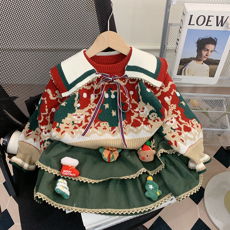Thickened Girls' Christmas Sweater Children's Clothing New Year Red Knitwear Stylish Children's Top Baby 2025 Winter New Style