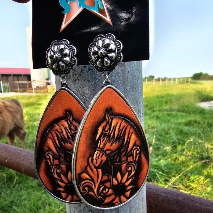 Western Style Teardrop Patchwork Pumpkin Flower Earrings | Ethnic Vintage Carved Horse Alloy Jewelry